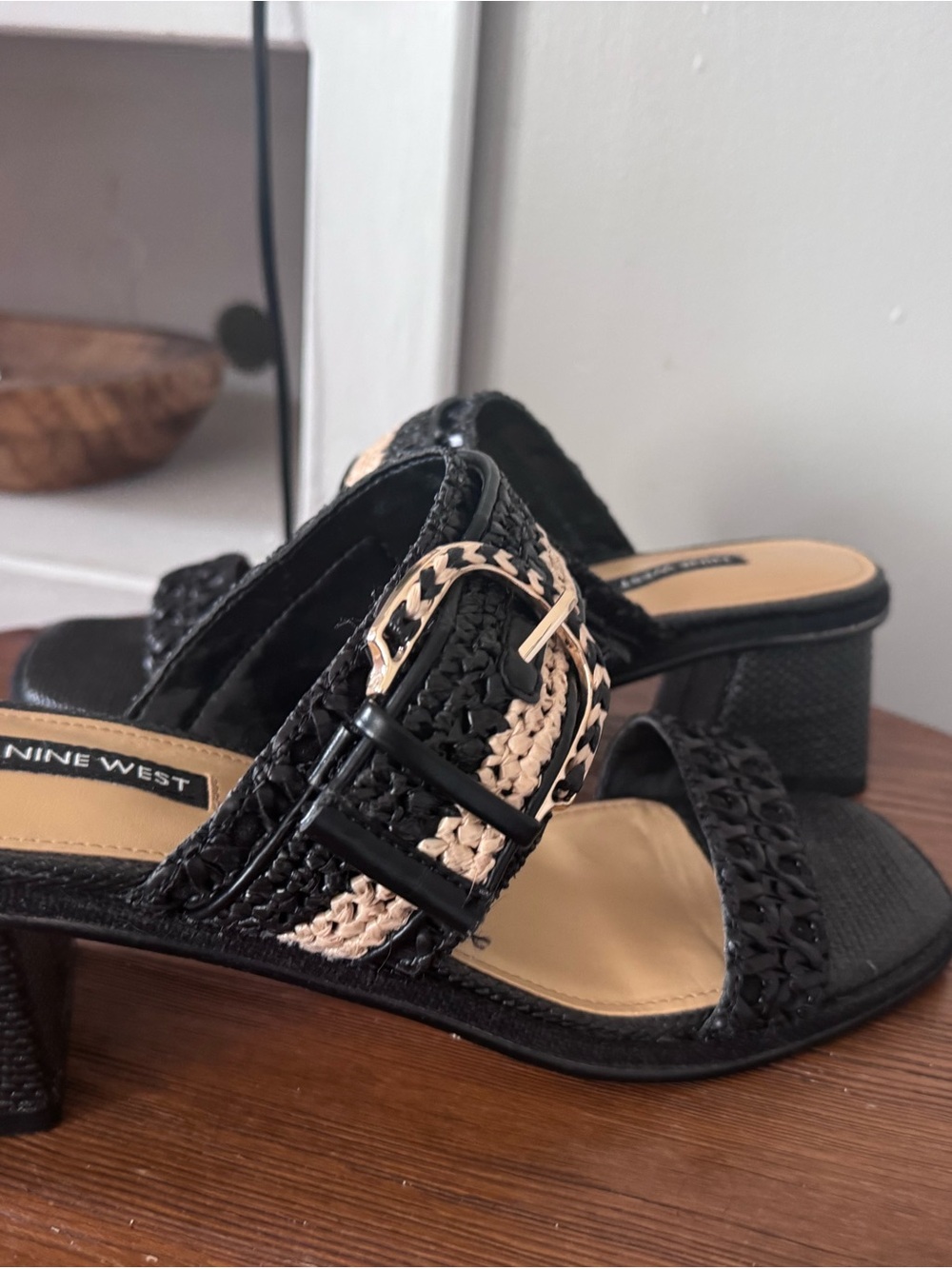 Nine West Black and Beige Woven Buckle Slide Mules